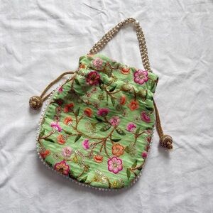Embroidered Green Floral Bag